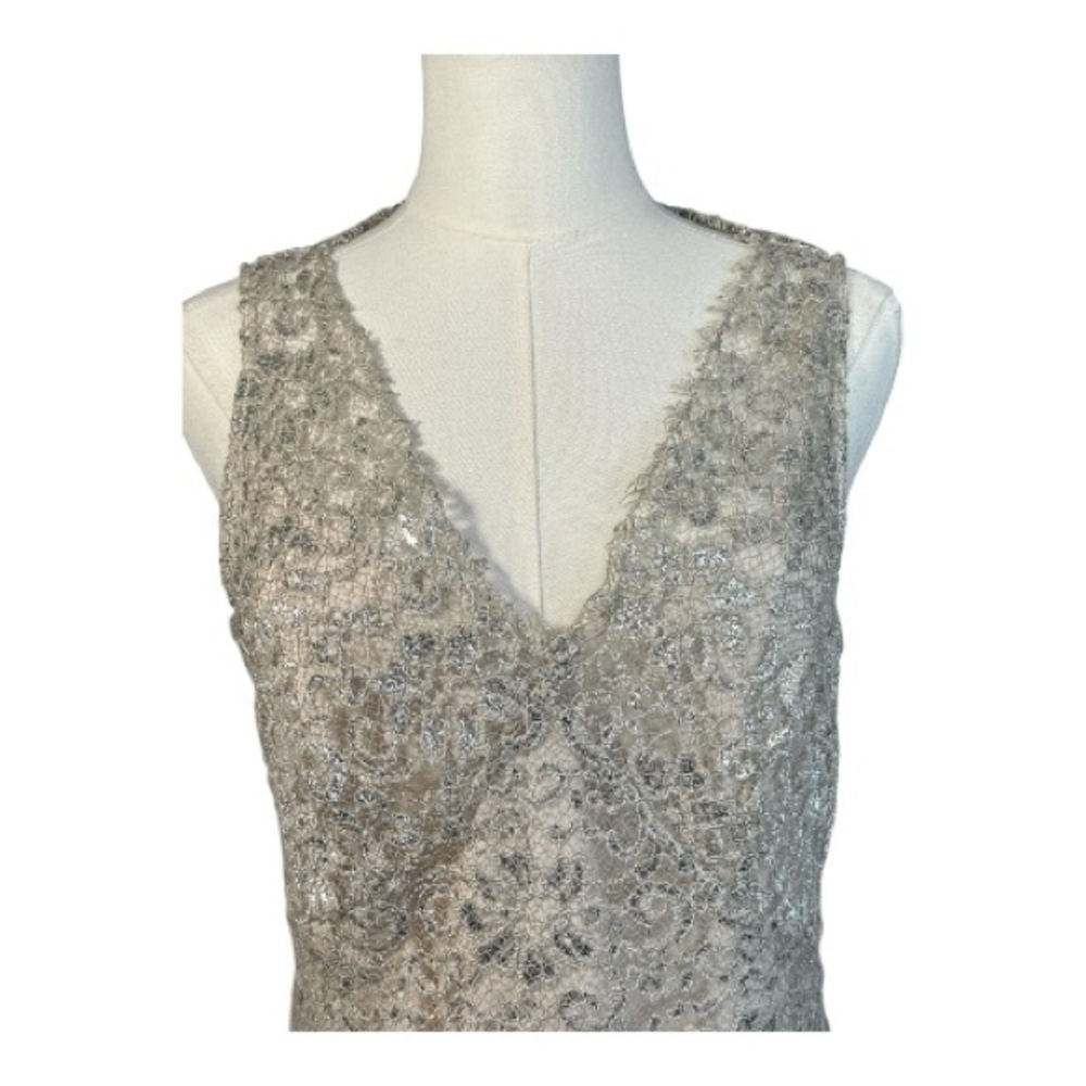 EUC BCBGMaxAzria Lynnette metallic silver lace cocktail dress – size 10 - Picture 2 of 8
